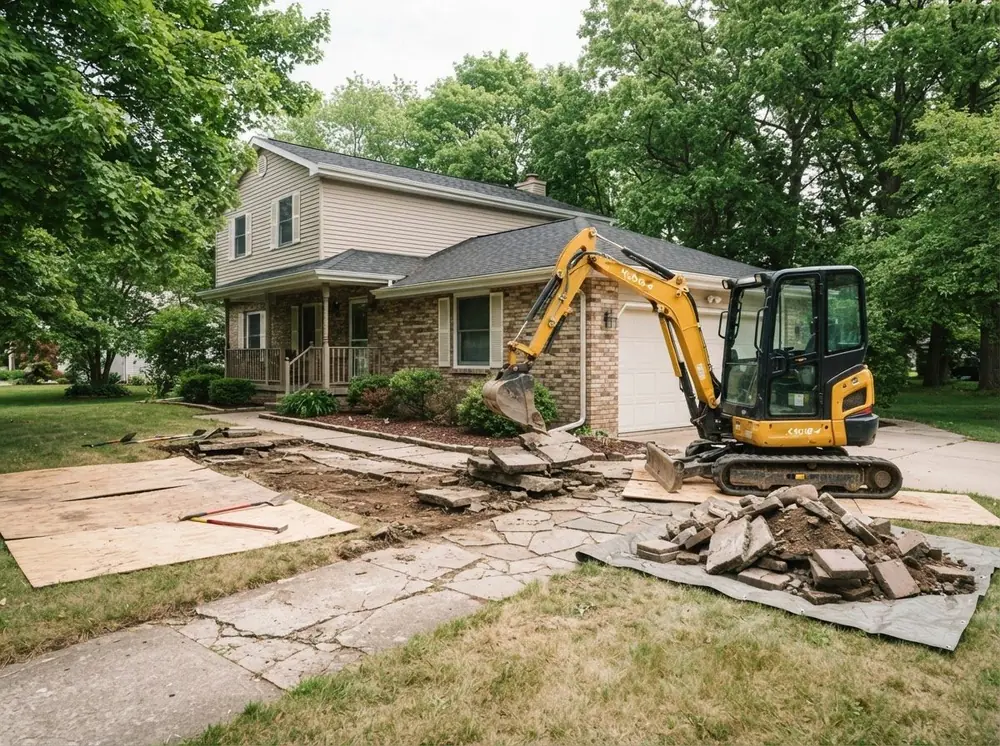 Mini excavator tearing out an old concrete walkway