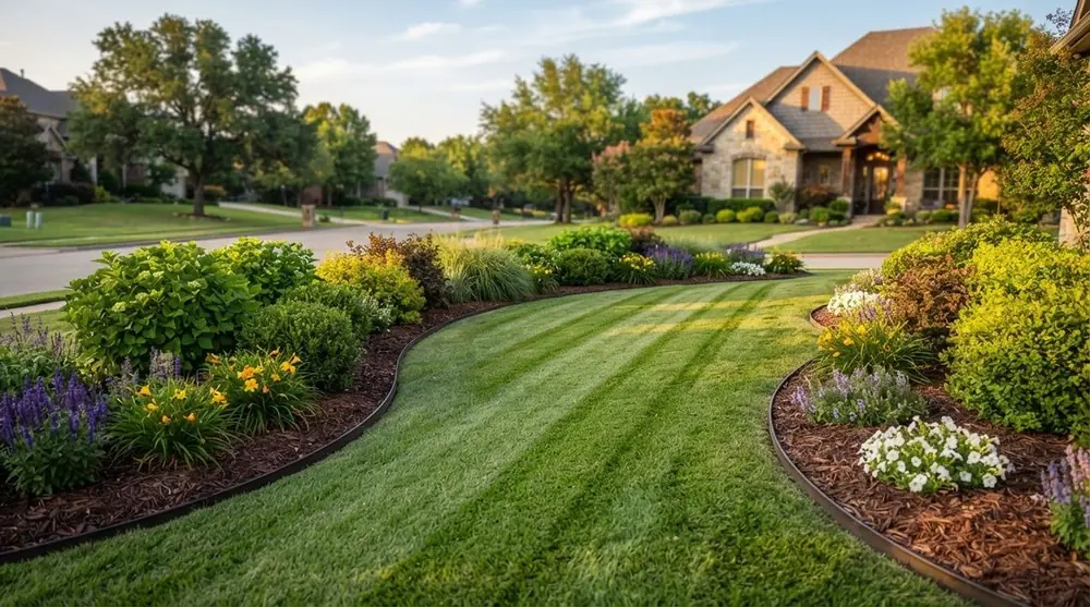 Curved landscape beds with mulch, steel edging, and flowering plants