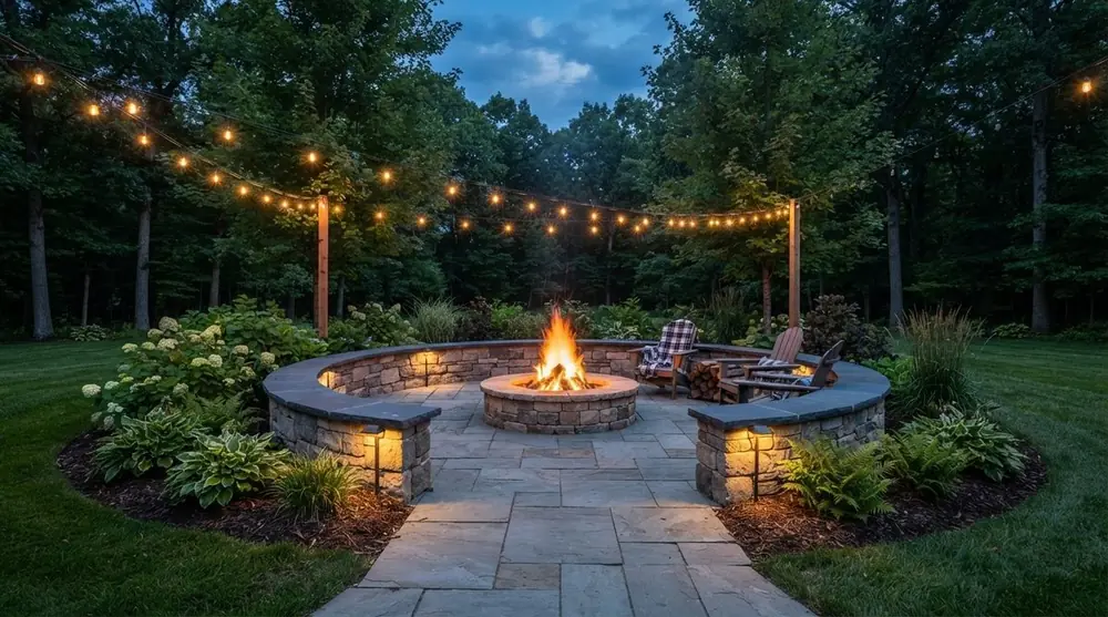 Stone patio with a fire pit, seating walls, and string lights