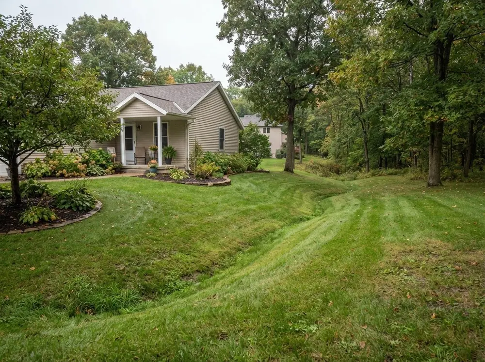 Graded lawn swale carrying water away from a home